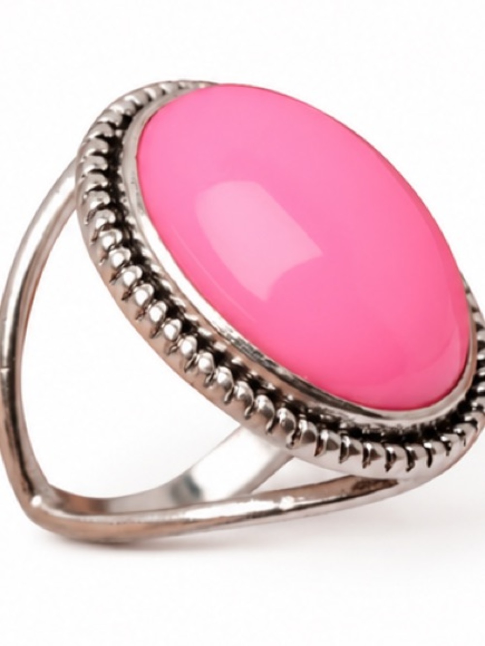 Bright Pink Oval Silver-Tone Ring - Women Jewelry